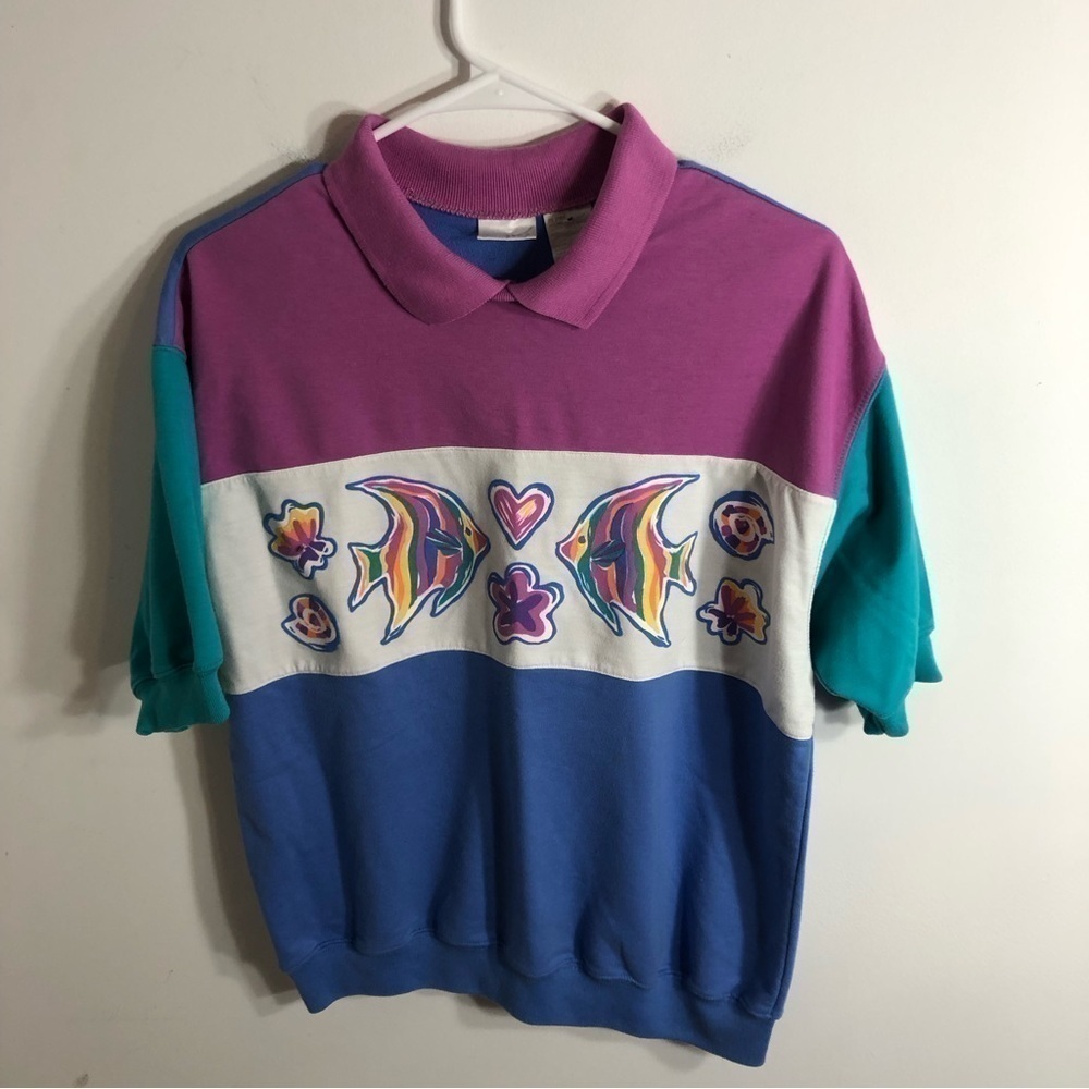 Vintage Tropical Fish Collared Shirt Medium Jantzen 80s 90s Retro Blue Purple - Picture 4 of 7